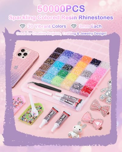 50000 Pcs 30 Colors Bedazzling kit, Resin Jelly Rhinestones Kit, 3mm Flatback Rhinestones with 4 Pcs B7000 Jewelry Glue & Tools, All-in-One Resin Jelly Rhinestones for DIY Arts & Crafts Gifts — view 3
