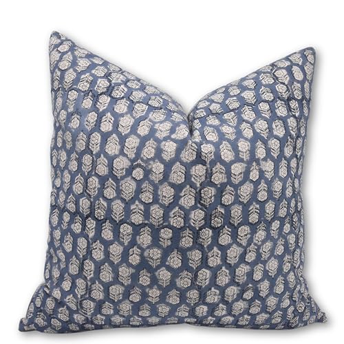 Fabritual Throw Pillow Home Decorative Blue 14x14 Inches Cushion Case Perfect for Living Room Sofa, Couch Block Print Pillow Cover Farmhouse, Gift Summer Cotton Fabric Room Accent, Tulsi Buti