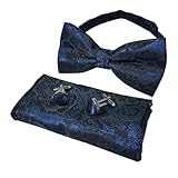 Men Navy Blue Black Woven Bow Tie Handkerchief Neckwear Paisley Patterned Bowtie