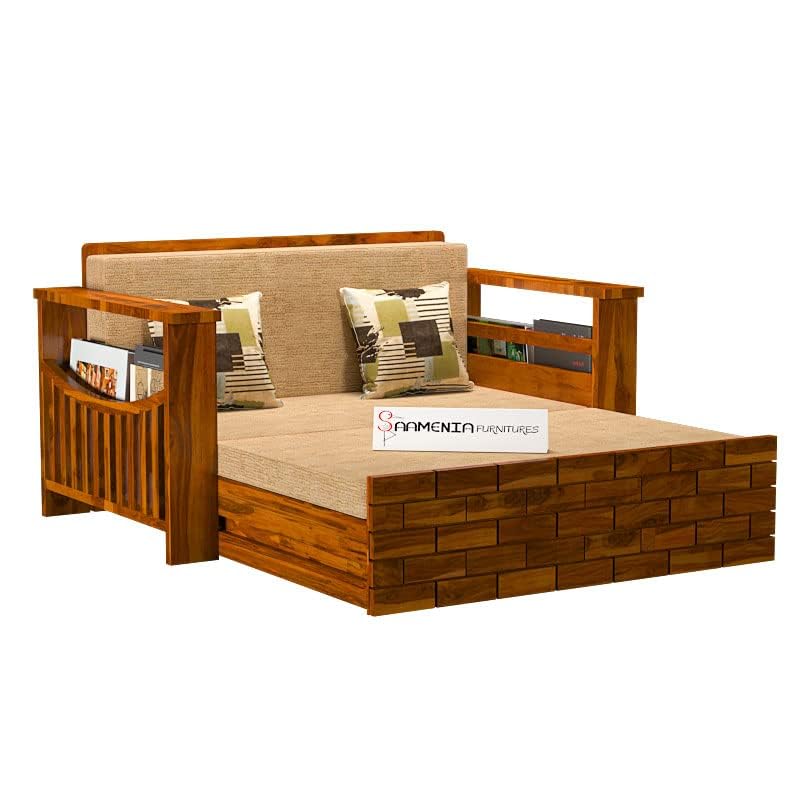 Image of Mamta Furniture Solid Sheesham Wood Sofa Cum Bed Furniture Set with Storage and Cushions for Living Room | Bedroom | Drawing Hall Honey Finish Queen