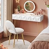 EUGAD Tocador de Maquillaje con Luz LED y Taburete, Blanco de Alto Brillo + Dorado