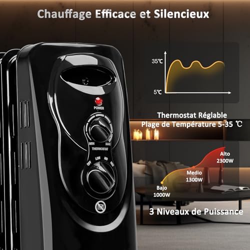 aigostar tummie– radiateur à bain d’huile portable. 2300 w. 11 éléments,3 niveaux de puissance et thermostat réglable. couleur noir. design exclusif.