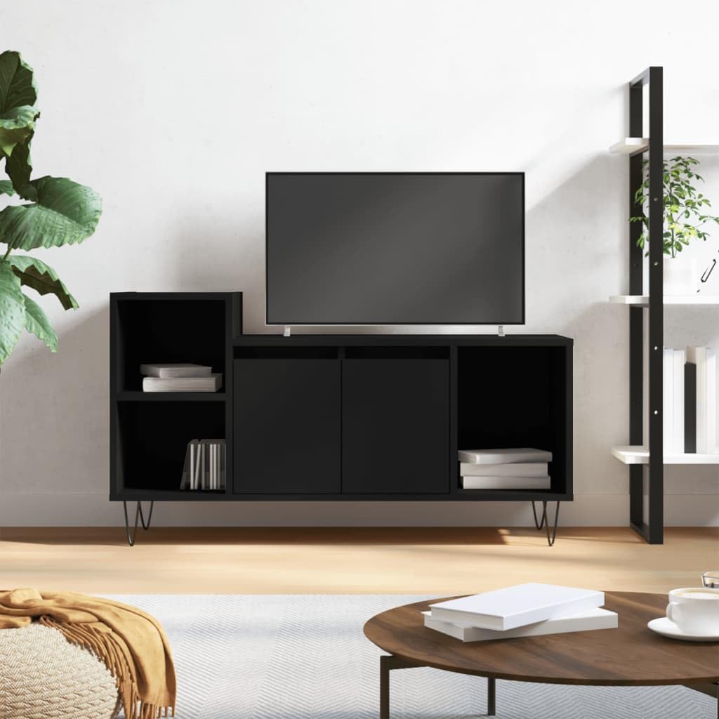 Mueble de TV negro con amplios estantes y estructura estable de madera de ingeniería