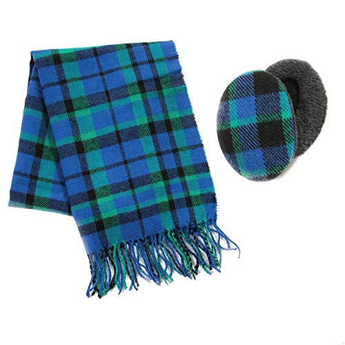 Earbags Bandless Ear Warmers & Matching Winter Scarf Set - Blue Tartan Plaid, Large