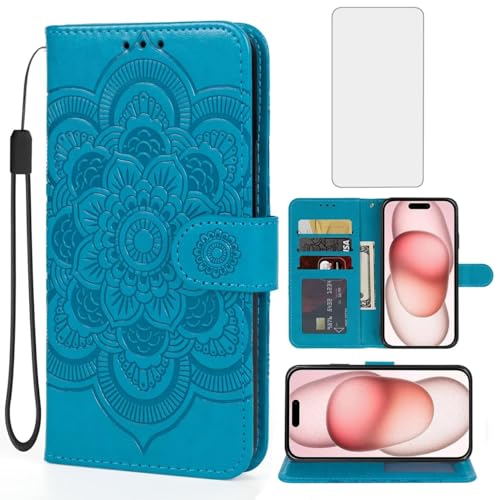 Étui portefeuille iPhone 15 Plus avec support vidéo et verre trempé antichoc