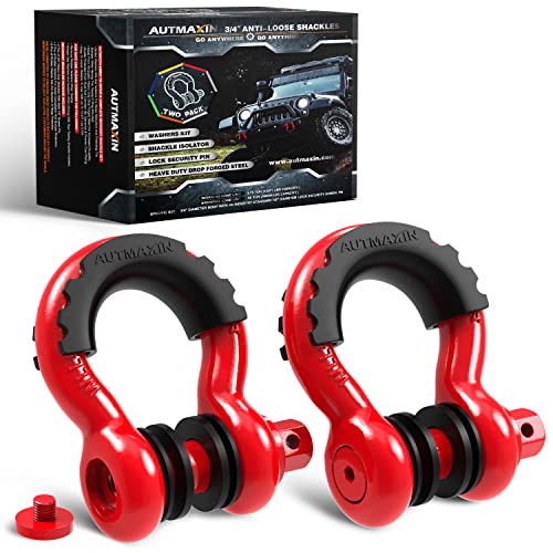 Autmaxin D Ring Shackles 3/4" Shackle (2 Pack) - 58,000Ibs Break Strength With 7/8" Anti-Loose Security Pin, Shackle Isolator Washer Kits For Tow Strap Winch Off-Road Vehicle Recovery, Red #TOP4