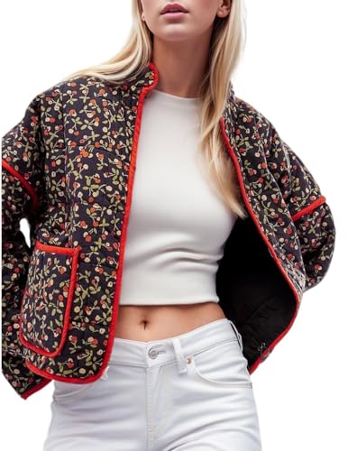 HUXRAKV Chaqueta Acolchada Corta para Mujer con Estampado Floral, Ligera y Abrigada para Otoño e Invierno con Diseño de Abertura Frontal,WD43-Negro,S