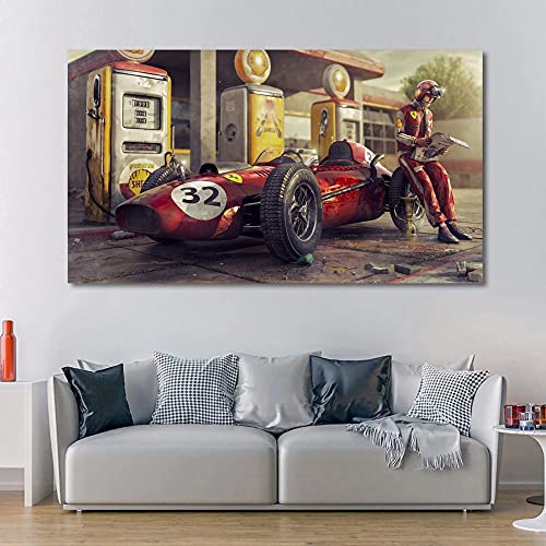Huazai Canvas Painting Vintage Car Poster Ferraris Classic Racing F1 Race Car Artwork Wall Art Picture Print Canvas Painting For Home Living Room Decor (Color : Pf664, Size (Inch) : 60X120Cm) #TOP6