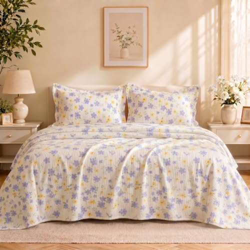 Image of SANMARINO Cloud Cotton 210 TC King Size Bedsheet with 2 Pillow Covers | Ultra Soft & Breathable | Floral Design Bedding Set | Hotel-Quality Comfort for a Luxurious Sleep | 270 x 250 cm | Lavender
