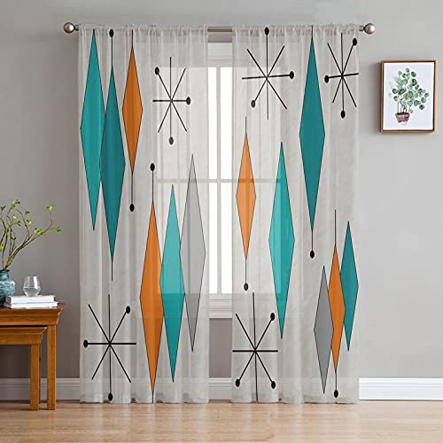 Sailground Window Sheer Curtains For Bedroom Retro Mid Century Modern Geometric Diamond Elegant Natural Window Treatments Light Filtering Rod Pocket Voile For Living Room #TOP1