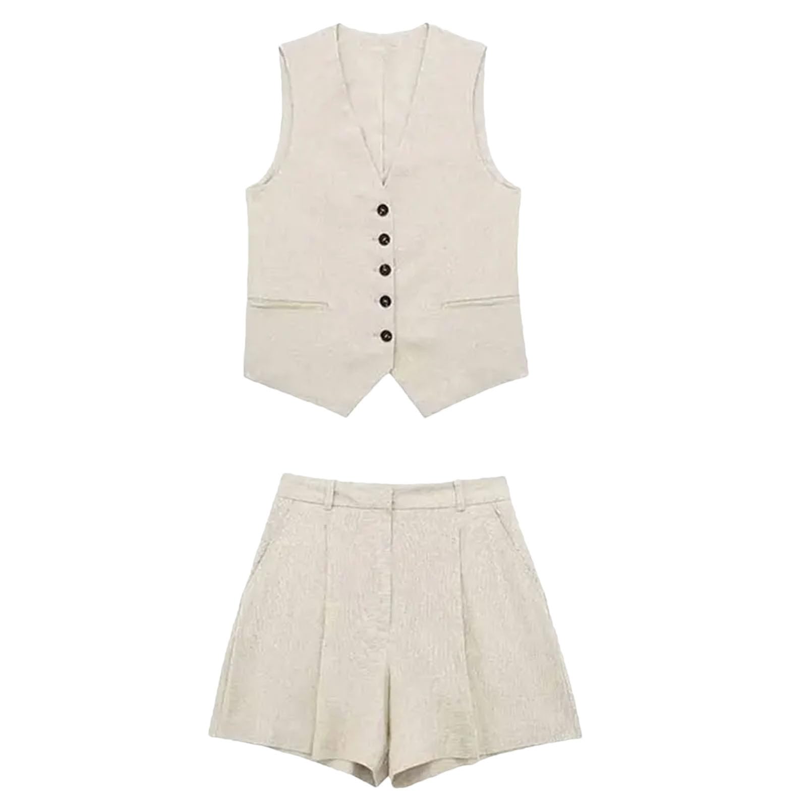 Womenss Summer Two Piece Set Single Breasted V Neck Vest Top And High Waist Shorts Office Outfit