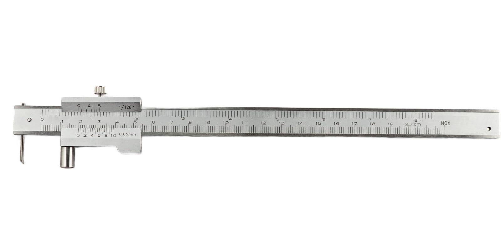 WRS Präz., calibro a corsoio con rullo e vite di bloccaggio, acciaio inox, con punta in metallo duro sostituibile, cromato opaco, scala laser, in astuccio, dimensioni: 200 mm