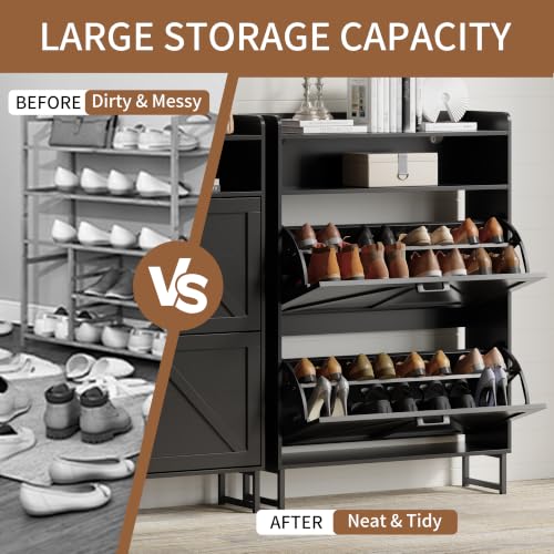 Image of Shoe Cabinet with 2 Flip Drawers, Freestanding Hidden Shoe Storage Organizer for Entryway, Narrow Slim Shoe Rack Cabinet with Open Storage & Hooks for Front Door Entrance, Living Room, Hallway, Black