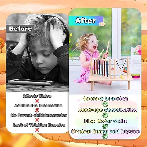 Kids Drum Set for Toddlers Musical Instruments Baby Drum Set 8 in 1 Musical Toys with Chime Bar and Triangle Percussion, Wooden Drum kit Educational Sensory Toys Gifts for Children Boys Girls 2 51IM81ABfRL. AC