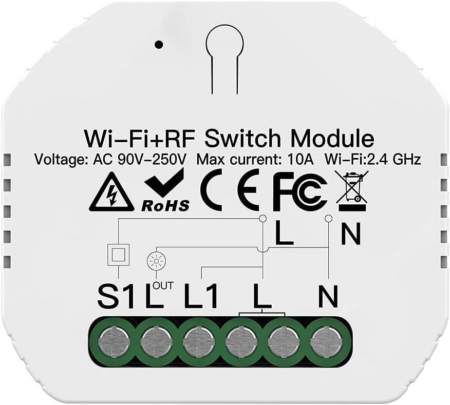 LEDLUXSH104 Mini Smart WIFI Switch, Smart Switch Module, 10A 220V, Function with NOO Button + RF 433 Remote Control, Compatible with Amazon Alexa and Google Home