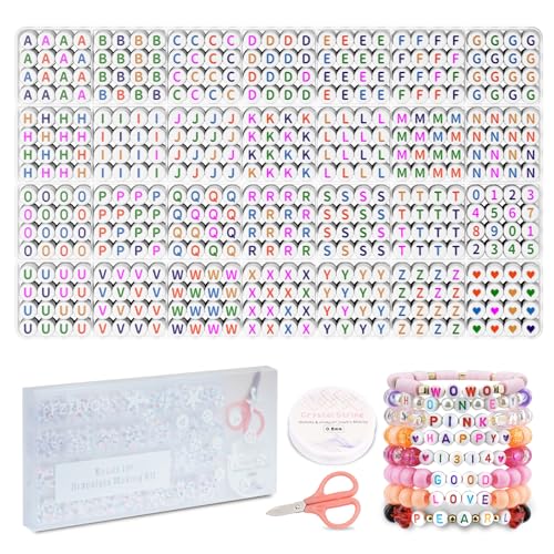 FZIIVQU 1450 Stück Buchstaben Perlen Set, 4x7 mm Farbig Acryl ABC Perlen Für Perlen Zum Auffädeln Zahlen Perlen Herz Perlen BuchstabenPerlen Armbänder Selber Machen
