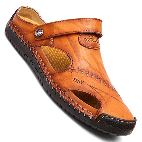 KINOW Mens Casual Closed Toe Leather Sandals Outdoor Sports Beach Slippers Flat Shoes