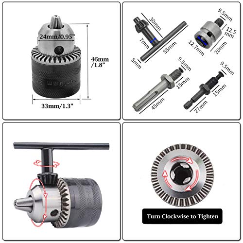 Hymnorq 3/8-24UNF Keyed Drill Chuck and Adapters Set of 5pcs, 1.5mm to 10mm Clamping Range, 3 Different Types of Shanks, to Turn Your Air Screwdriver, Hammer Drill and Impact Wrench into a Power Drill