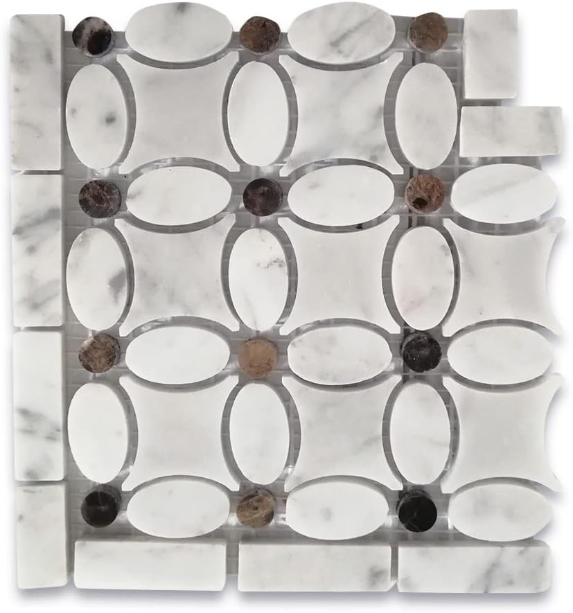 Carrara White Marble Flower Mosaic Border Corner Tile w/Emperador Dark Brown Dots Polished Kitchen Bath Wall Floor Backsplash Shower (1 Sheet)