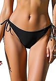 Whalelle Black Bikini Bottoms for Women String Bathing Suit Bottom Tie Side Swimsuit Bottom with Medium Coverage S