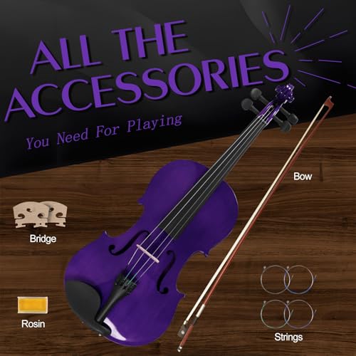 Ceciliec 16 Inch Acoustic Viola Set, Beginner Handmade Varnish Solid Wood Viola for Adults, Students, Musical Instrument Viola Set with Case, Bow, Rosin, Bridge and Strings (Purple Violin)