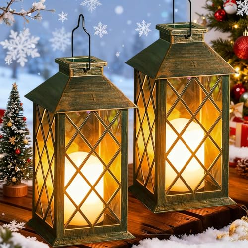 Joycome Farolillos Solares Exterior 2 Piezas Grande Lampara Jardin con Vela Parpadeante, Farol Solar Impermeable Lampara Exterior Mesa, Linterna para Adornos Jardin Terraza Balcón Decoracion - Bronce
