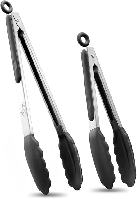 HOTEC Premium Stainless Steel Locking Kitchen Tongs with Silicon Tips, Set of 2-9" and 12"
