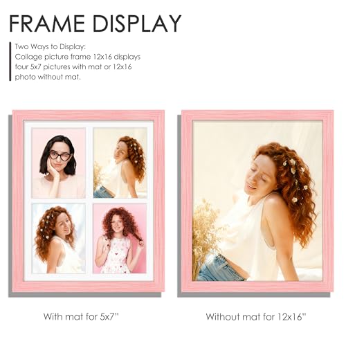 Image of DUENPY 12x16 Picture Frame 5x7 Collage Picture Frame Displays Four 5x7 inch Photos or 12x16 (Without Mat) for Available Horizontal Wall Mounting Display and Vertical Pink