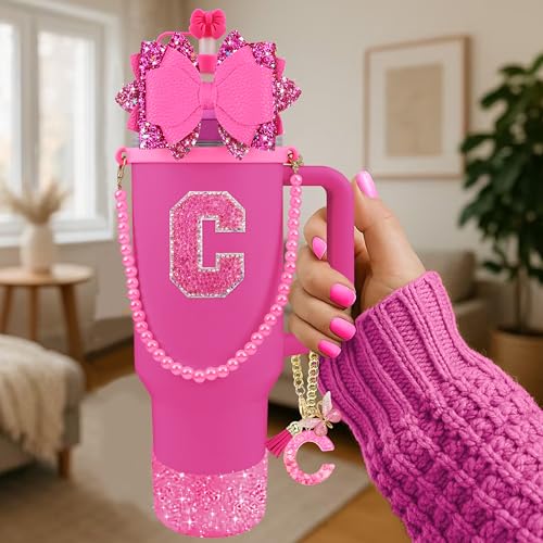 Hpebl 9PCS Hot Pink for Stanley Cup Accessories Set Bling Initials Bow Charms for Stanley Decorations 30/40 Oz Tumbler Accessories Including Bow Straw Topper, Handle Strap, Spill Stopper（Letter C） — view 2