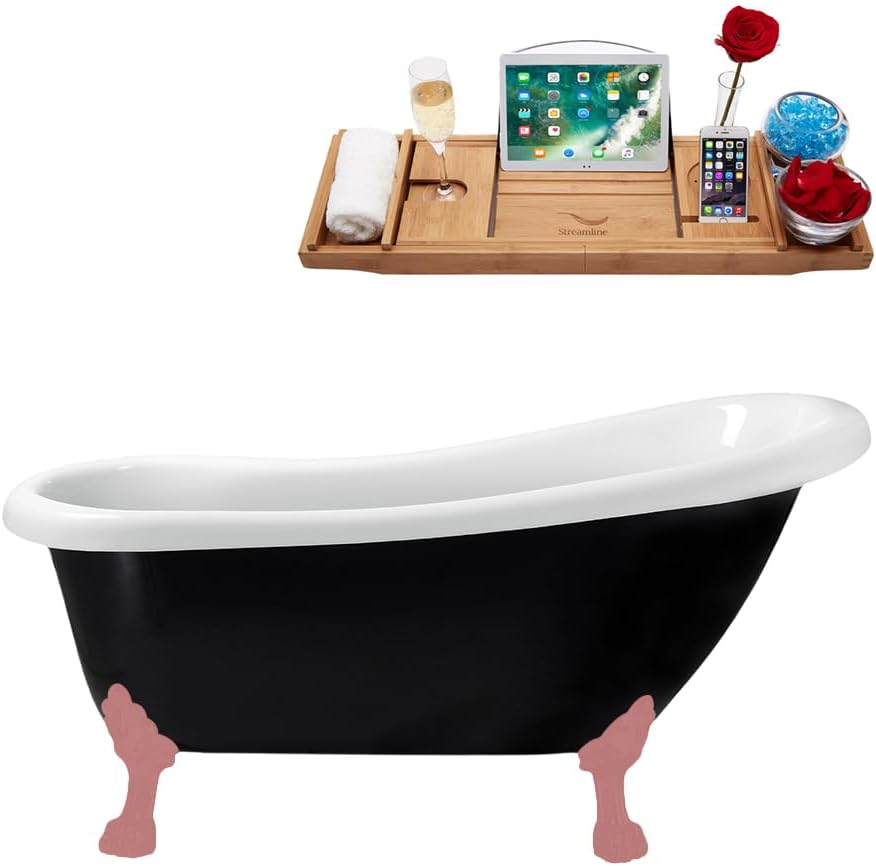 Streamline 61" Clawfoot Soaking Bathtub – Glossy Black Acrylic Tub with Internal Drain in Matte Pink – Timeless Design with Bamboo Tray – Matte Black Exterior – 48 Gallon Capacity
