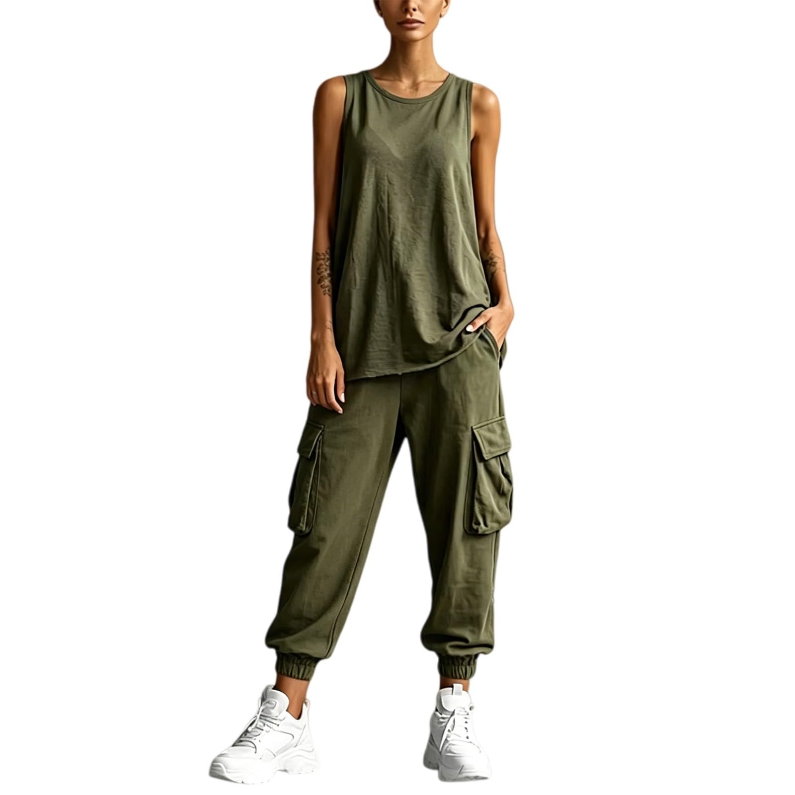 Generisch Zweiteiler Damen Sommer Trainingsanzug 2-Teiliges Set Tops und Weite Musselin Hose Baumwolle Outfit Einfarbig Jogginganzug Lässig Tracksuit Freizeitanzug Loungewear Damen Hosenanzug