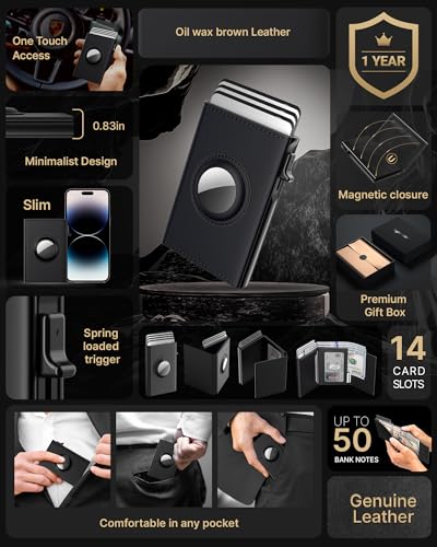 Image of typecase AirTag Wallet for Men: Compatible with Apple AirTag (1st & 2nd Generation), RFID Blocking, Genuine Leather, Slim & Minimalist Design - 14 Card Capacity | ID Window | Cash Slot (Deep Black)