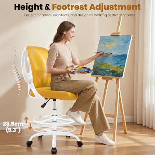 Image of Primy Drafting Chair Tall Office Chair with Flip-up Armrests Executive Ergonomic Computer Standing Desk Chair with Lumbar Support and Adjustable Footrest Ring (Mustard)