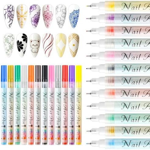 Lezero 12 Colors Nail Art Pens Set for Women, Nail Markers Pens with 0.5mm Fine Tip, Drawing Painting Point Liner Acrylic Painted Pen Kit for DIY Home Salon Tools
