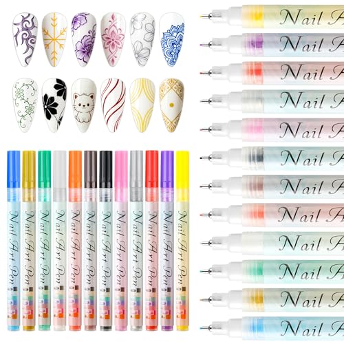 Lezero 12 Colors Nail Art Pens Set for Women, Nail Markers Pens with 0.5mm Fine Tip, Drawing Painting Point Liner Acrylic Painted Pen Kit for DIY Home Salon Tools
