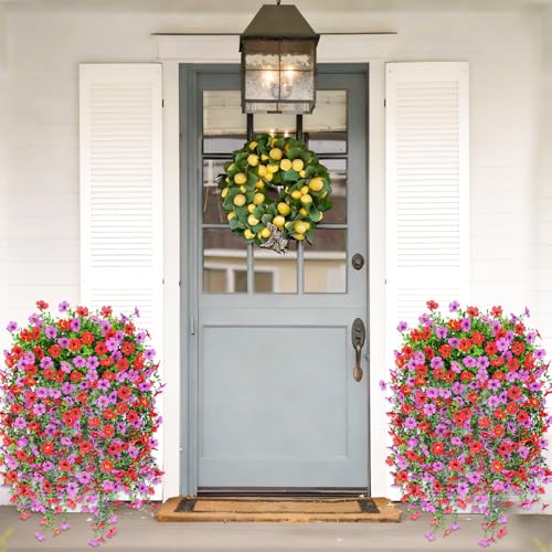Image of Bassion 4 Pcs Artificial Hanging Flowers for Outdoors, Red Fuschia | Realistic fake silk flowers, UV resistant, faux plants, for outside home patio garden balcony yard front door porch decor