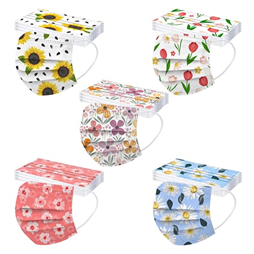 Peky 50Pcs Summer Flower Face_Mask With Design,3 Ply Protection Breathable Fabric,Floral Facemasks For Women Outdoor Party (Multicolor20), 5.5''X9.4''/24 Cm X14 Cm #TOP12