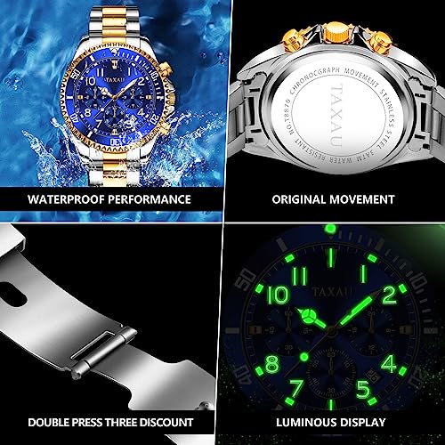 Taxau Men Watch Blue Face Chronograph Men's Watch Stainless Steel Quartz Watch For Men Large Water Resistance Watch Men Business Dress Watches Multi-Function Two Tone Man's Wristwatch ​Date #TOP4