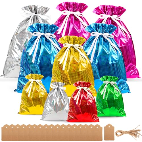 WXJ13 20 Pieces Christmas Gift Bags Drawstring Gift Bags Christmas Wrapping Bags with Drawstring Ribbons Gift Bags Assorted Sizes Inserted Tags for Wrapping Holiday
