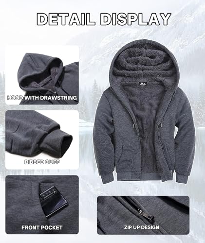 Image of V VALANCH Men Hoodies Zip Up Sherpa Lined Sweatshirts Heavyweight Thick Warm Fleece Winter Jacket