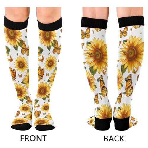 Wassud Sunflowers and Butterflies Compression Socks for Women and Men 20-30 mmHg Knee High Socks for Nurses Travel Socks 2 Pair