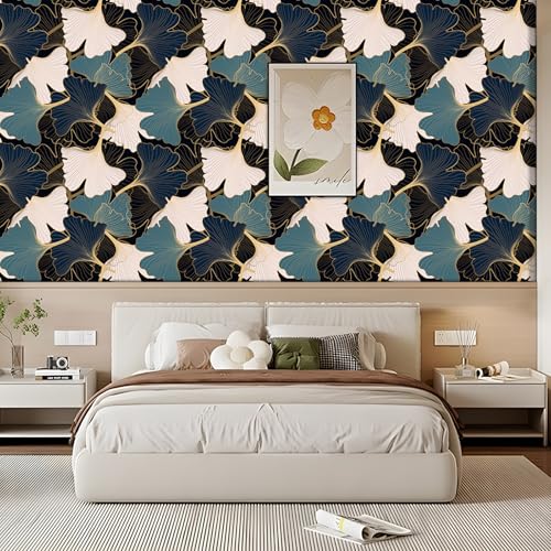 KDGHORMY Blue/Pink Ginkgo Leaf Line Art Wallpaper Self Adhesive Peel and Stick Gold Vein Modern Botanical Wall Paper Removable Waterproof for Bedroom Renter Friendly Shelf Cabinet Décor 17.71"x236.2" — view 3