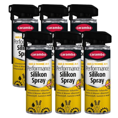 Caramba Performance Silikon Spray, 6er-Pack, Gleitspray zum Pflegen und Schützen, Schmieröl für Kunststoff, Gummi und Metall, Farblos und Geruchsarm, Dualer Sprühkopf, 6x300 ml