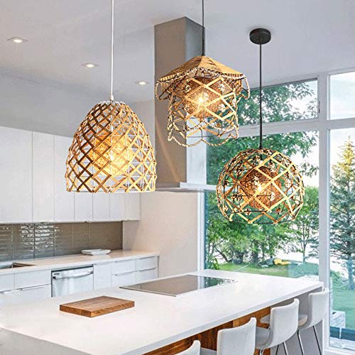 Kwoking Lighting Modern Weave Wicker Hanging Lamp Dome Pendant Light Natural Hemp Ball Rattan Chandelier Light Fixture For Hallway Dining Room - Style C #TOP3