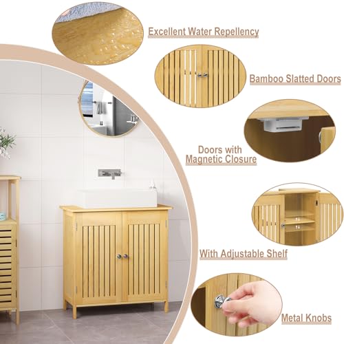 EUGAD Waschbeckenunterschrank aus Bambus, Badezimmerschrank mit 2 Türen, Badezimmer Unterschrank Waschbecken, Waschtischunterschrank, Verstellbarer Einlegeboden, viel Stauraum, 60x60x30 cm