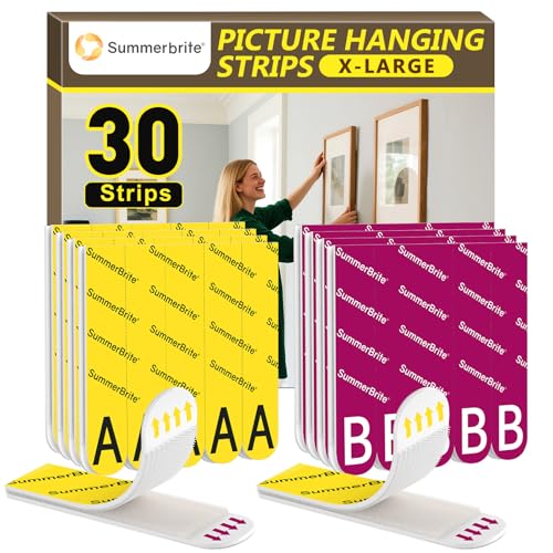 Summerbrite Picture Hanging Strips Heavy Duty 15 Pairs(30 Strips XL) Damage Free Hanging Adhesive Strips Mounting Tapes Removable No Nails for Picture Photo Frames Hanger