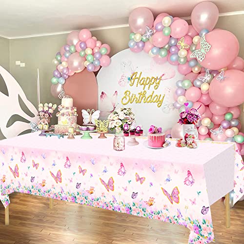 Anfganc 3Pc Pink Butterfly Birthday Tablecloth,Butterfly Party Decoration Rectangular Watercolor Butterfly Table Cover Spring Themed Plastic Tablecloth For Girl,51.2 X 86.6In #TOP4