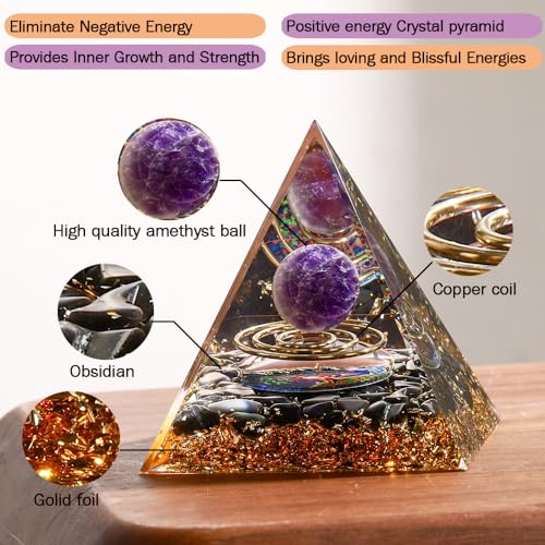 ZRENJHUS Orgone Pyramid Amethyst Ball Healing Crystal Gemstone Improve Intuition and Creativity Pyramid Tree of Life Colorful Amethyst Crystal Orgonite Pyramid Crystal for Anti-Stress Wisdom Wealth