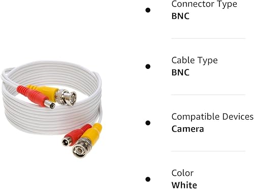 Miniatura 6 de Cable de extensión de video BNC prefabricado blanco de 20 pies para CCTV, cámara de seguridad, DVR, sistema de vigilancia, cable todo en uno Plug &
