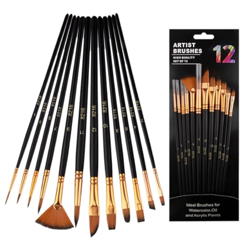 SGERUFZ Set de Pinceles Pintura - 12 Pinceles Profesionales para Acuarela, Gouache, Acrilico, óleo, Dibujo de Líneas, Pinceles Oleo Profesional para Niños y Adultos (Negro)